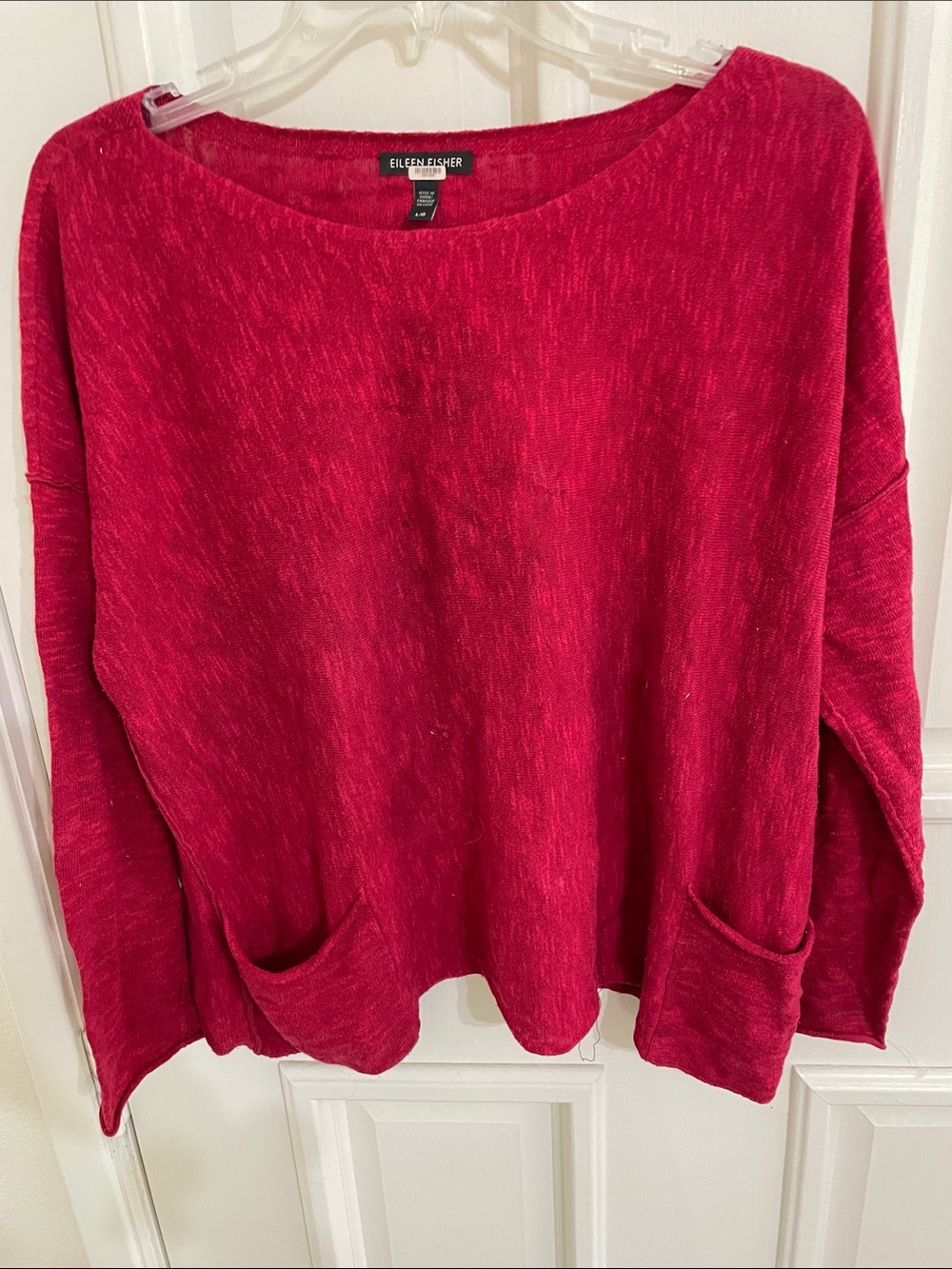 Eileen Fisher Linen Knit Pale Red Pullover Summer Sweater Front Pockets sz L